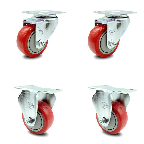 Service Caster 3 Inch Red Polyurethane Wheel Swivel Top Plate Caster Set with 2 Rigid SCC SCC-20S314-PPUB-RED-TP2-2-R-2